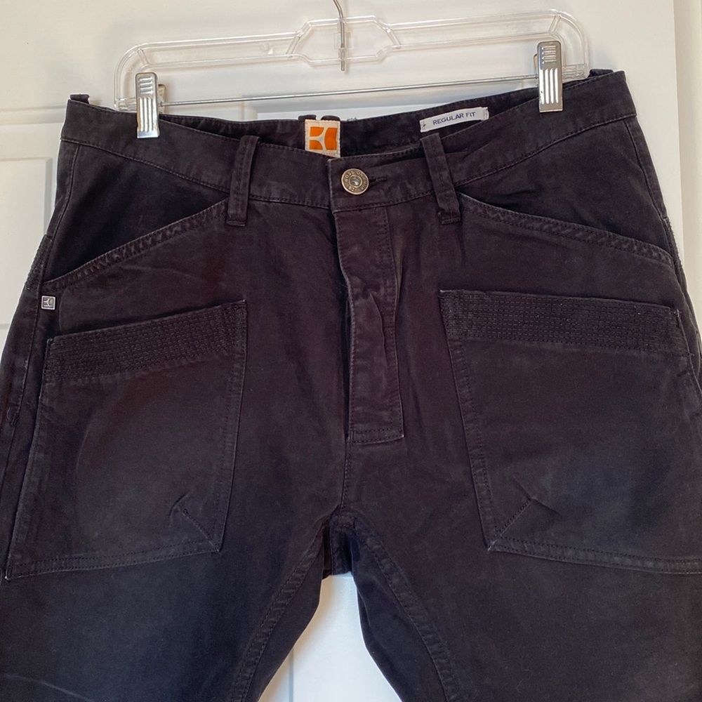 Hugo Boss orange, regular fit black jeans, worker style.
